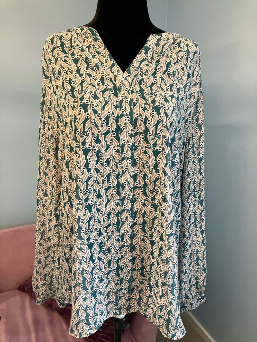 LOFT Teal and tan Leaf-Print V-Neck Blouse